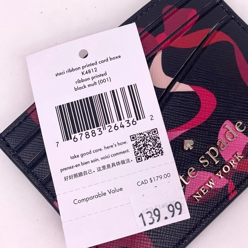 Kate Spade Staci Boxed Card Holder Small Wallet And Key Fob Ribbon Print